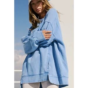 NEW Free People M Intercept Tunic Riviera Blue Hoodie Distressed Lounge Casual